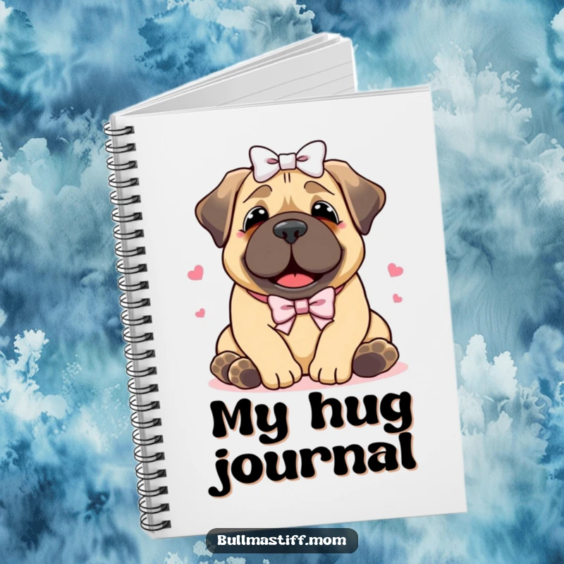 Funny Bullmastiff notebook showing a happy dog with a bow getting a hug, perfect for journaling with a cheerful canine companion.