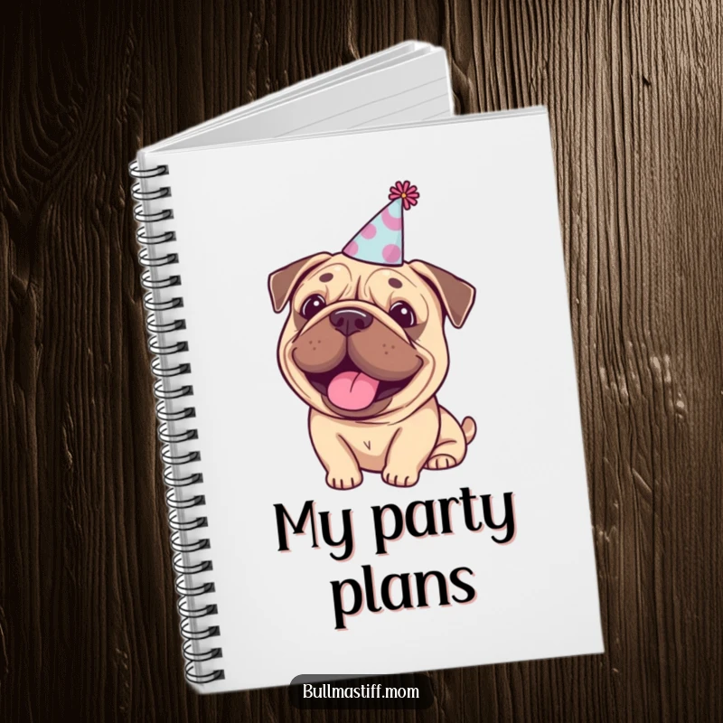 Funny Bullmastiff party notebook, a happy dog with a tiny party hat, perfect for planning and notes.