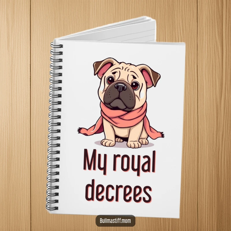 Funny Regal Bullmastiff notebook featuring a dog in a majestic pose, draped in a silk scarf, ideal for journaling.