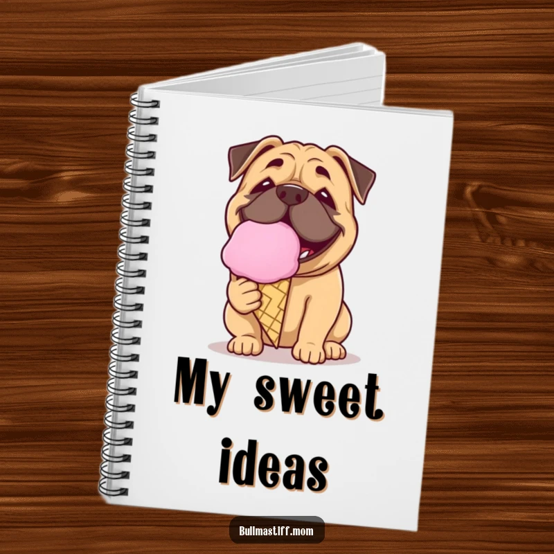 Funny Bullmastiff notebook with a dog with a playful grin licking a giant ice cream cone, sweet note-taking.
