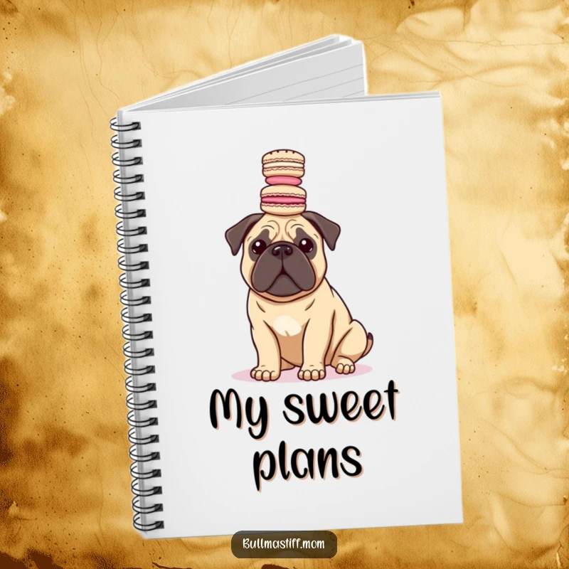 Funny Bullmastiff balancing macarons on its head, making this notebook a stylish and humorous writing tool.