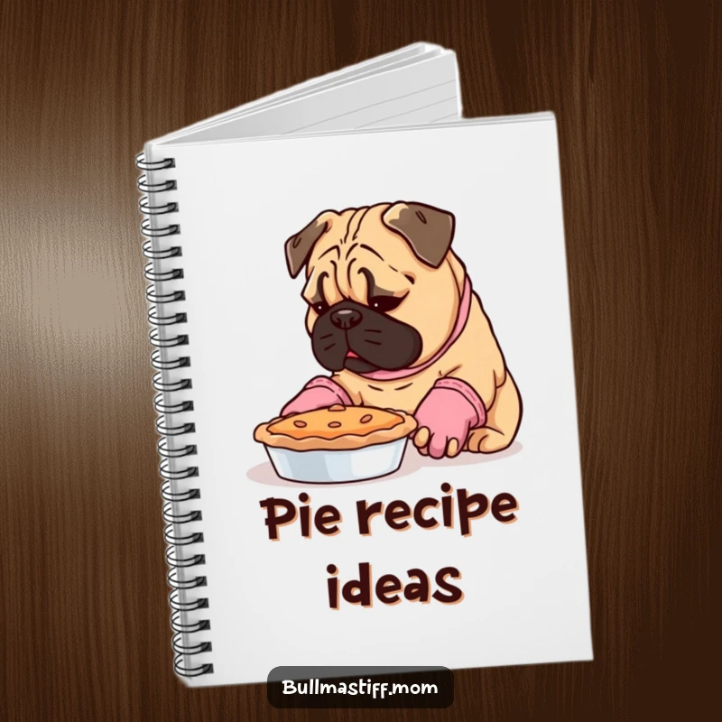 Funny Bullmastiff wearing oven mitts, inspecting a pie, on a notebook cover for bakers.