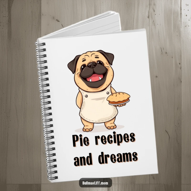 Funny Bullmastiff notebook cover with a happy dog in an apron, proudly presenting a baked pie, perfect for recipe notes.
