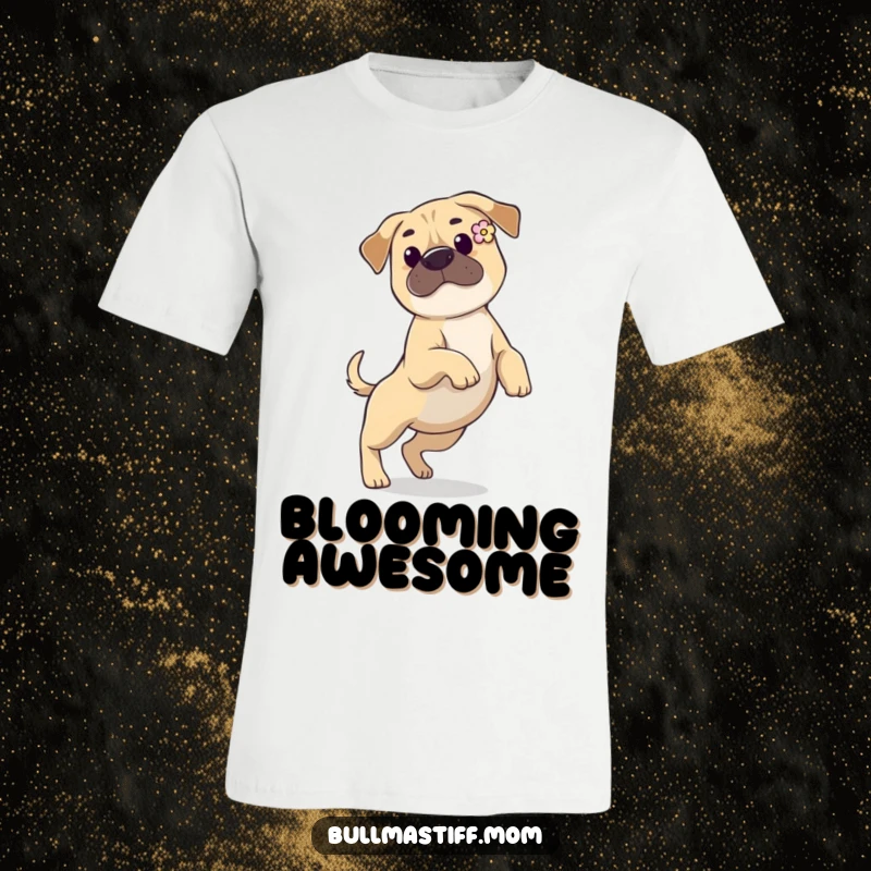 Funny Bullmastiff t-shirt featuring a dog with a flower in its ear, prancing gracefully with a playful and elegant demeanor.