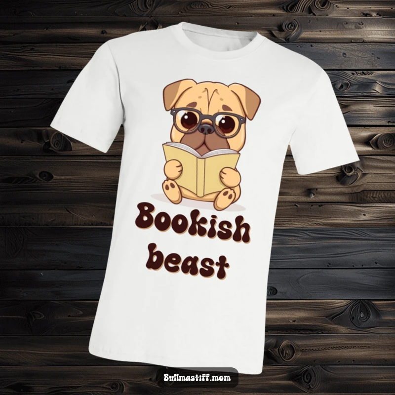 Funny Bullmastiff T-Shirt: A Bullmastiff dog smiles gently while wearing reading glasses and holding a book.