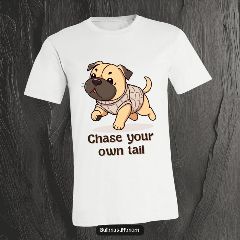 Funny Bullmastiff t-shirt showing a dog wearing a sweater, energetically chasing its tail in a comical loop.
