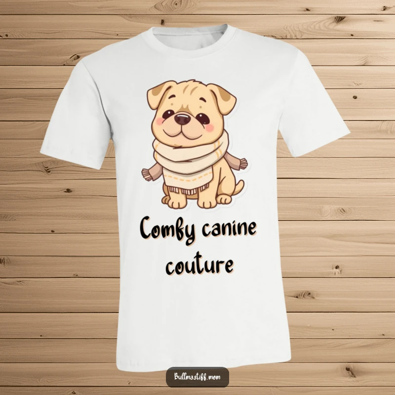 Funny Bullmastiff T-shirt depicting a content dog wrapped in a soft, cozy scarf, exuding warmth and humor. A great gift.