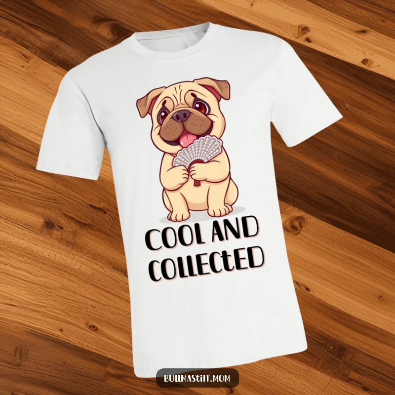 Funny Bullmastiff dog joyfully balancing a fancy lace fan on its head, printed on a comfortable t-shirt.