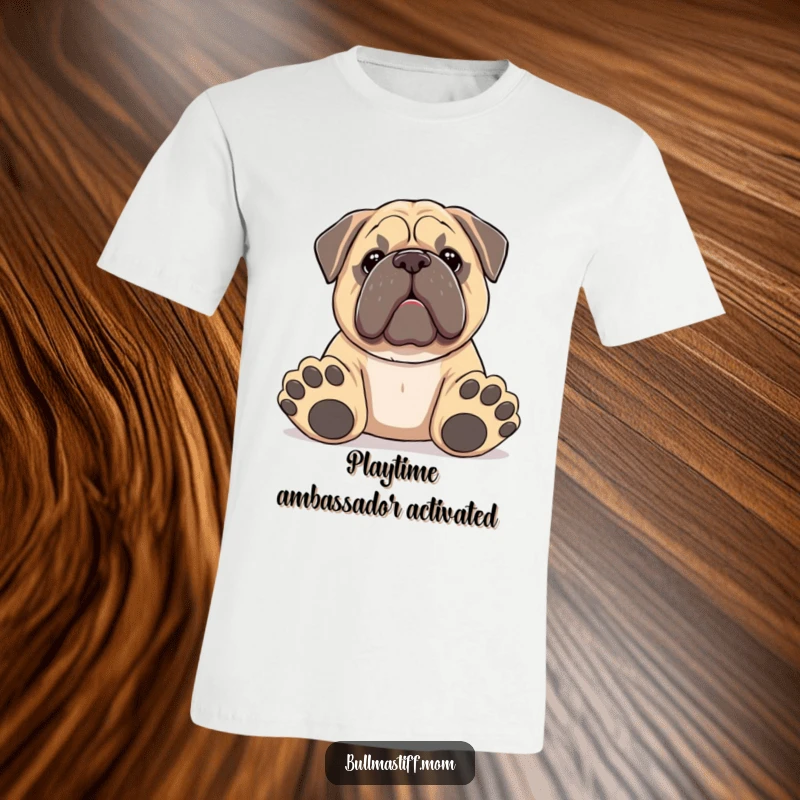 Funny Bullmastiff t-shirt showing a dog with big paws offering a toy, perfect for playful dog lovers.
