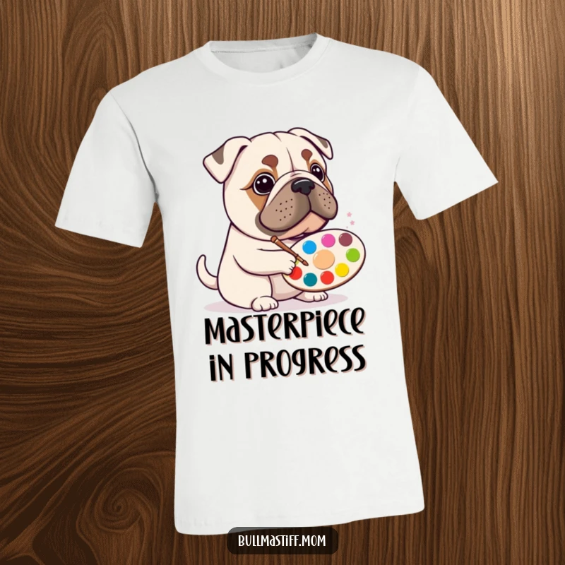 Funny Bullmastiff artist t-shirt featuring a happy dog with a paint palette, creating colorful masterpieces.