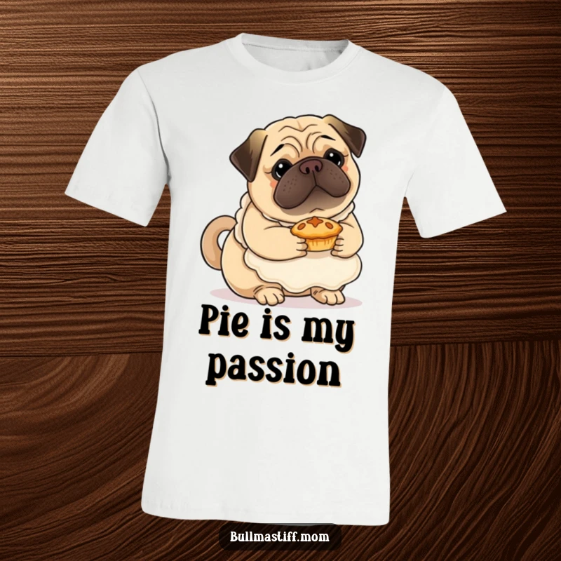 Funny Bullmastiff t-shirt featuring a dog in a fluffy apron, tenderly holding a mini pie, radiating baking charm.