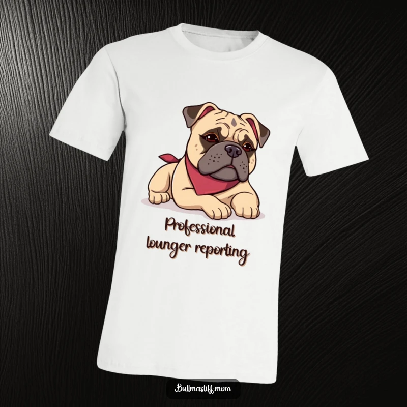 Funny Bullmastiff t-shirt showing a dog in a bandana lounging with a satisfied sigh, a hilarious dog lover gift.