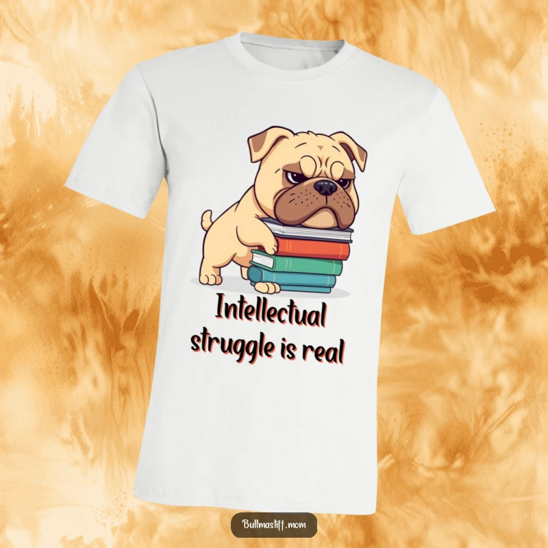 Funny Bullmastiff T-shirt of a dog with a charming grimace trying to balance a stack of books. Perfect for scholars.