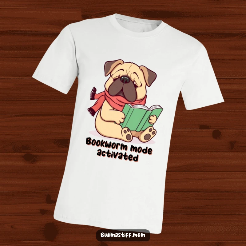 Funny Bullmastiff dog wearing a scarf, comfortably reading a book, printed on a t-shirt, perfect funny gift.