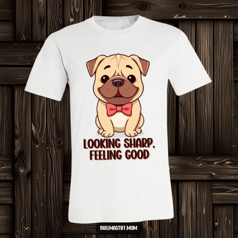 Funny Bullmastiff t-shirt showcasing a dog in a stylish bow tie, offering a gentle and friendly smile.