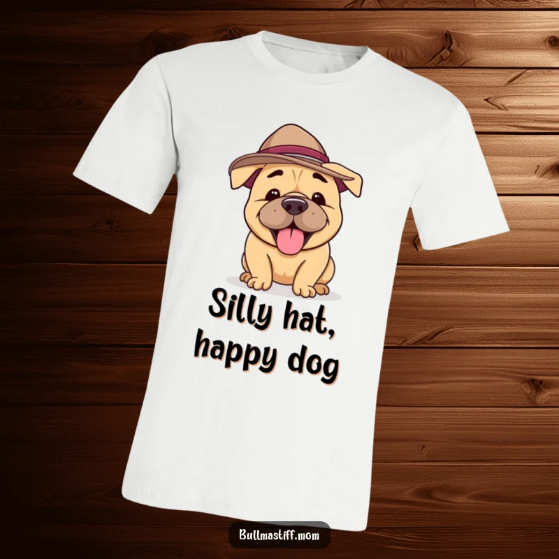 Funny Bullmastiff T-Shirt depicting a happy dog in a silly hat, joyfully barking, perfect for casual humor.