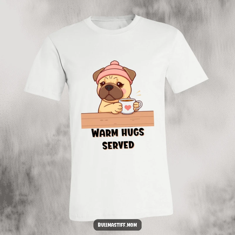 Funny Bullmastiff t-shirt showing a dog in a warm hat offering tea, perfect for tea breaks and dog lovers.