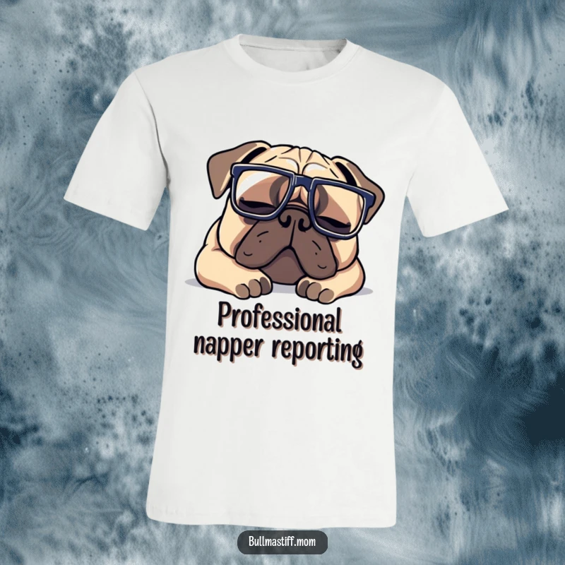 Funny Bullmastiff t-shirt depicting a dog wearing large glasses, peacefully napping with a comical and relaxed expression.