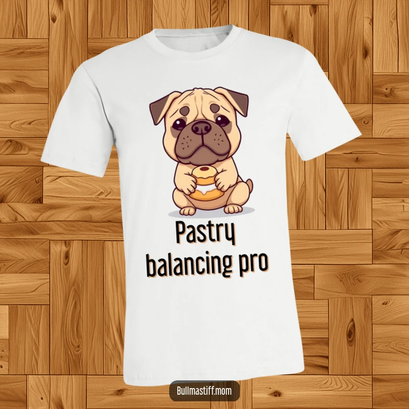 Funny Bullmastiff T-Shirt: A gentle Bullmastiff with a sweet expression balances a small pastry on its nose, looking charmingly comical.