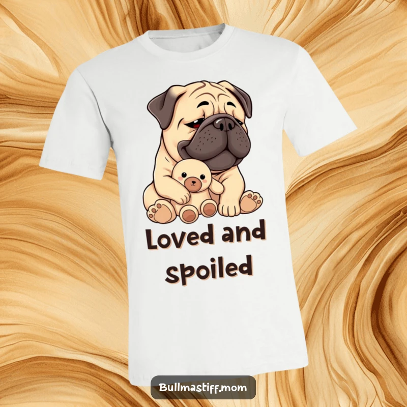 Funny Bullmastiff t-shirt showing a content dog hugging its plush toy, radiating happiness and comfort.