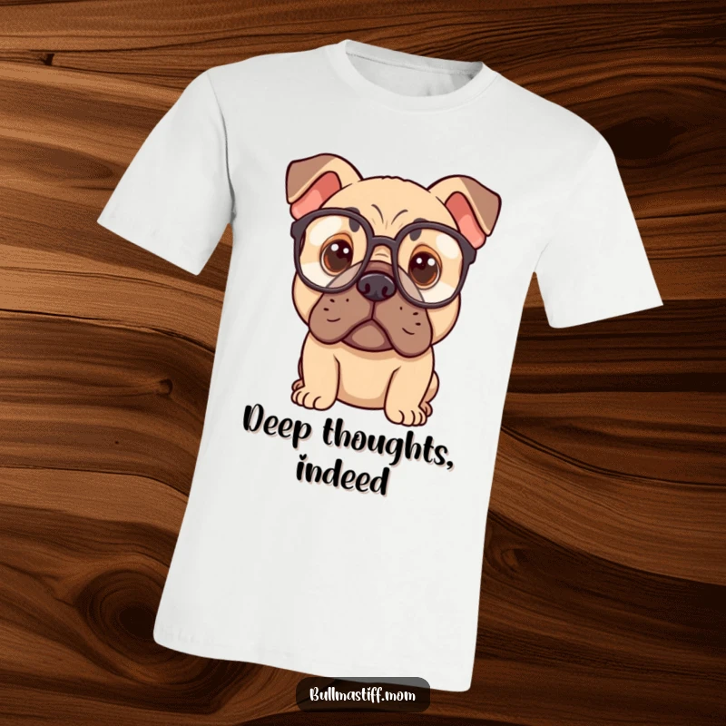 Funny Bullmastiff dog wearing oversized spectacles, looking thoughtful and intelligent on this T-shirt.
