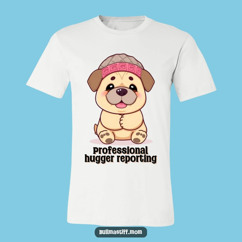 Funny Bullmastiff T-Shirt: Cheerful Hugs from Hat-Wearing Dog, Cute Gift