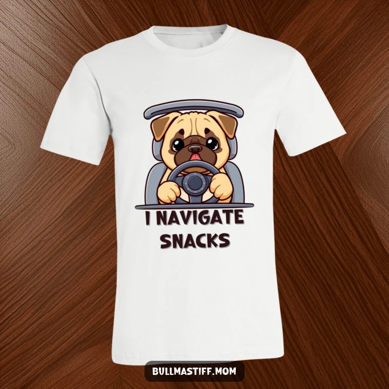 Funny Bullmastiff t-shirt featuring a happy dog steering a car, perfect for any dog mom or dad.