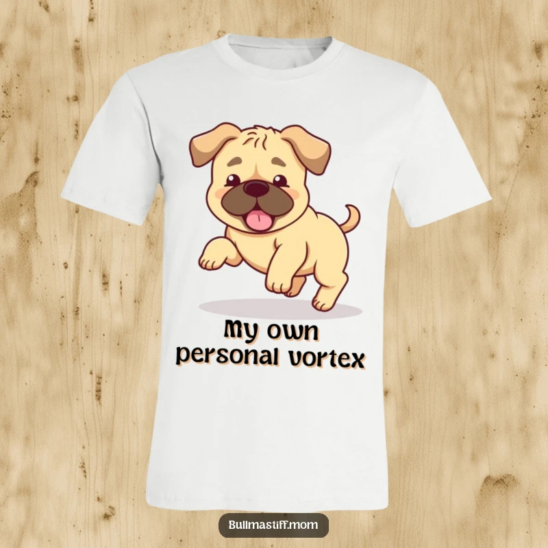 Funny Bullmastiff T-shirt of a happy dog with floppy ears, spinning in circles while chasing its tail. Hilarious gift.