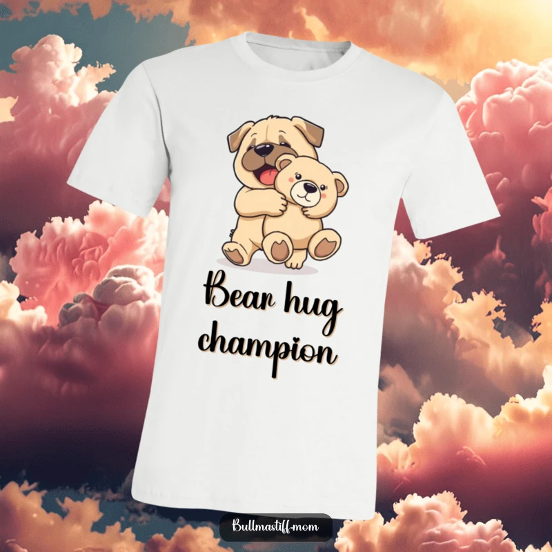 Funny Bullmastiff dog joyfully carrying a large teddy bear, perfect for spreading happiness.