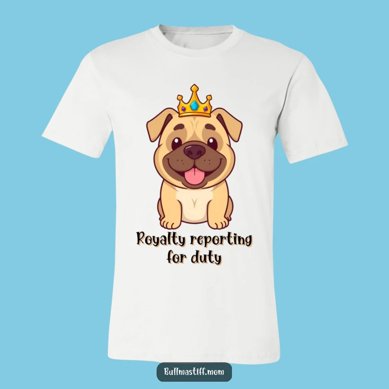 Funny Crowned Bullmastiff T-Shirt: Regal Waving Pup, Hilarious Royal Tee Gift