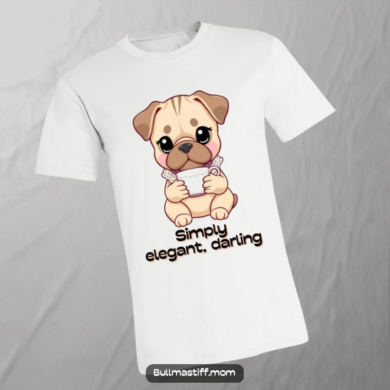Funny Bullmastiff t-shirt with a dog wearing a lace collar, artfully holding a teacup, highlighting its elegant and humorous personality.