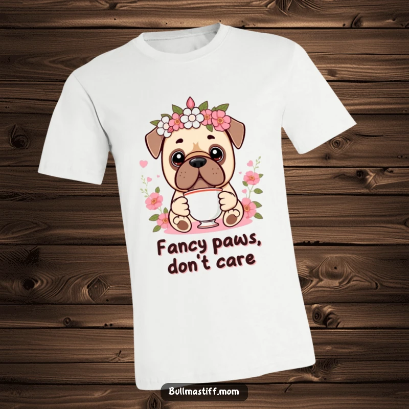 Funny Kawaii Bullmastiff T-Shirt depicting a cute dog wearing a floral crown, holding a teacup, radiating elegance and humor.