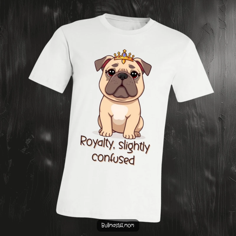 Funny Bullmastiff T-Shirt: A slightly flustered Bullmastiff wearing a tiny tiara, perfect for a regal and humorous apparel gift.