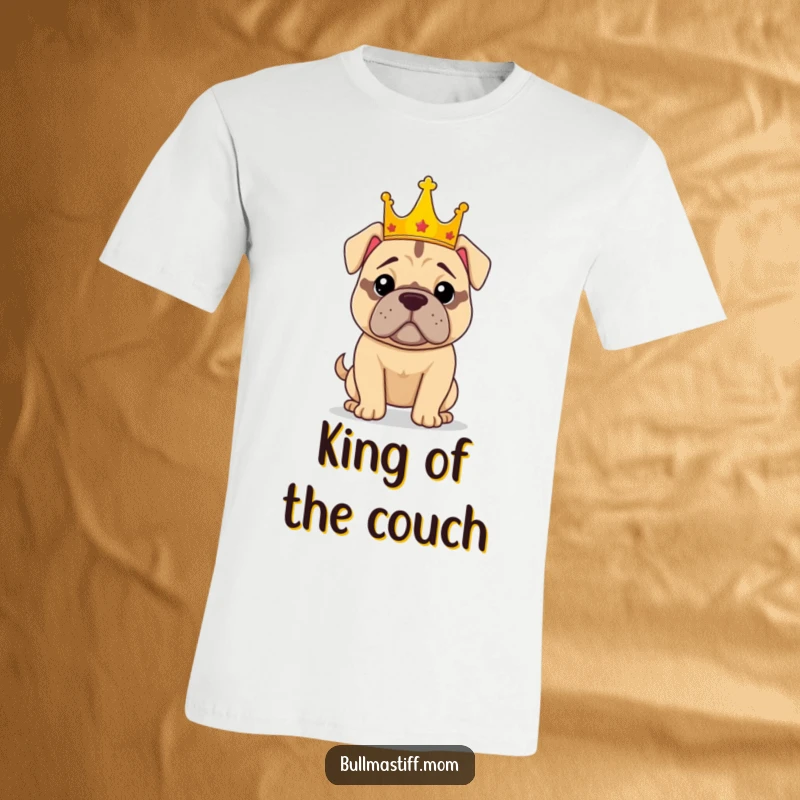 Funny royal Bullmastiff dog t-shirt, a confident dog wearing a crown, exuding power and canine majesty.