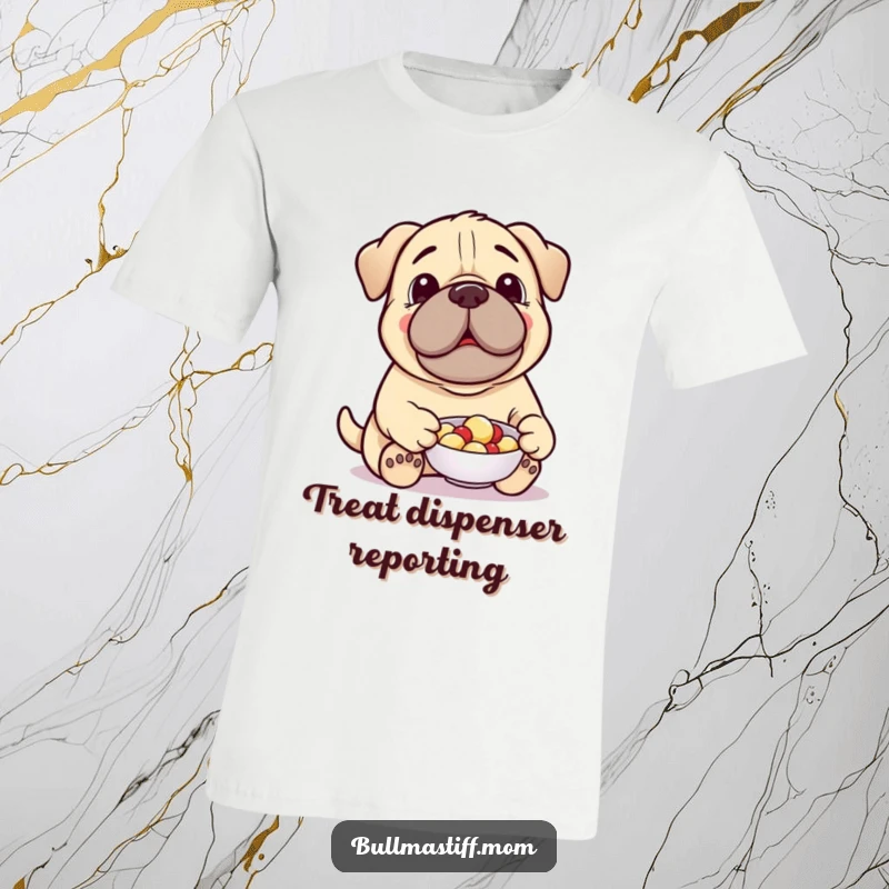 Funny Treat-Giving Bullmastiff T-Shirt: A cheerful Bullmastiff offers a treat from a dish, promoting kindness and adorable dog humor.