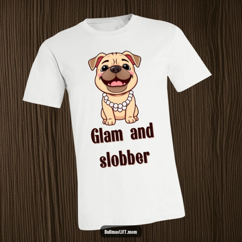 Funny Bullmastiff dog wearing an elegant pearl necklace, smiling broadly on this t-shirt.