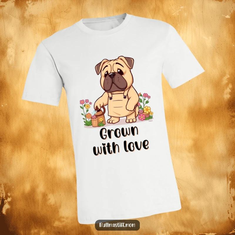 Funny Bullmastiff T-Shirt: A Bullmastiff dog in a gardening apron is shown watering a vibrant flower.
