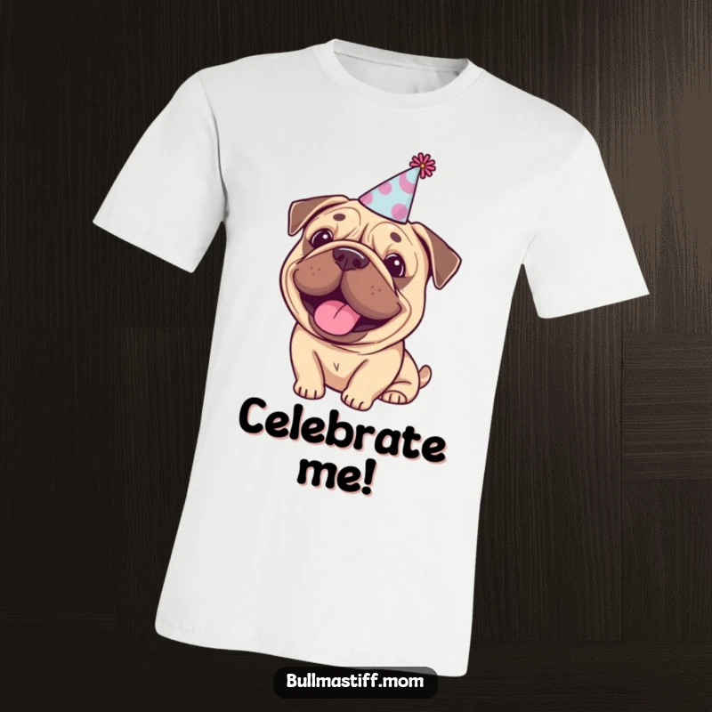 Funny Bullmastiff party t-shirt featuring a happy dog wearing a tiny party hat, perfect for celebrations.