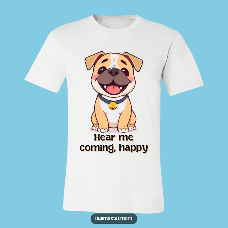 Funny Happy Bullmastiff T-Shirt: Joyful Dog with Bell, Silly Gift Tee
