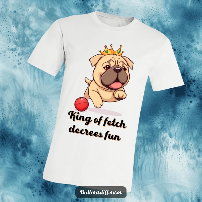 Funny Bullmastiff T-Shirt: A majestic dog wearing a small crown, enthusiastically chasing a red ball in a playful, humorous scene.