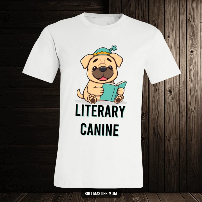 Funny Bookish Bullmastiff T-Shirt: A smiling Bullmastiff sporting a hat enjoys a book, perfect for literary dog lovers.