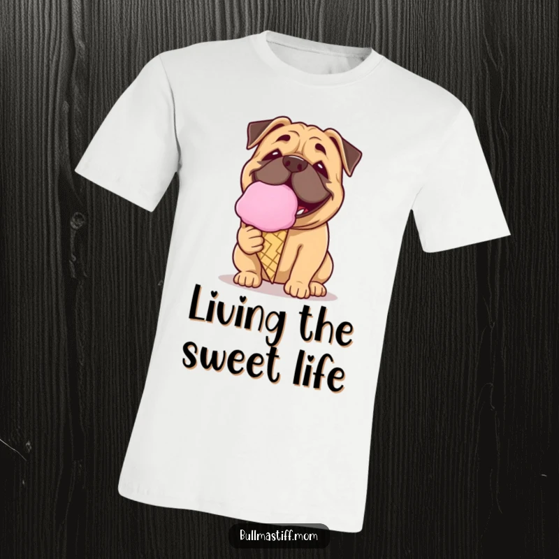 Funny Bullmastiff t-shirt showing a dog with a playful grin licking a giant ice cream cone, summer fun.