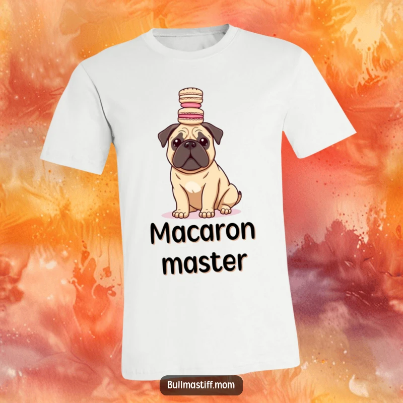 Funny Bullmastiff looking elegant while balancing a tower of macarons on its head, printed on a soft t-shirt.