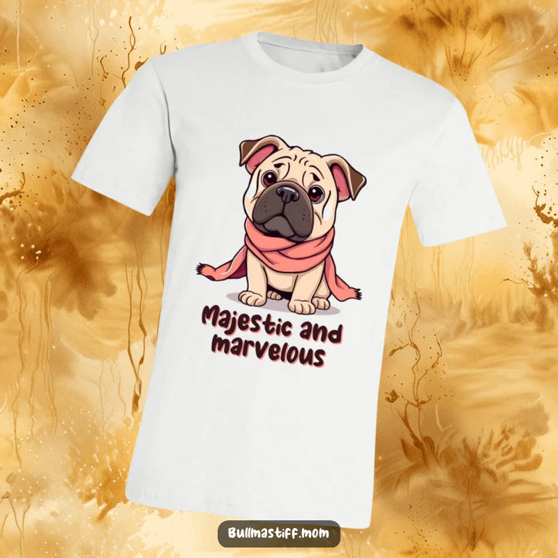Funny Regal Bullmastiff t-shirt showing a dog in a regal pose, adorned with a silk scarf, embodying canine majesty.