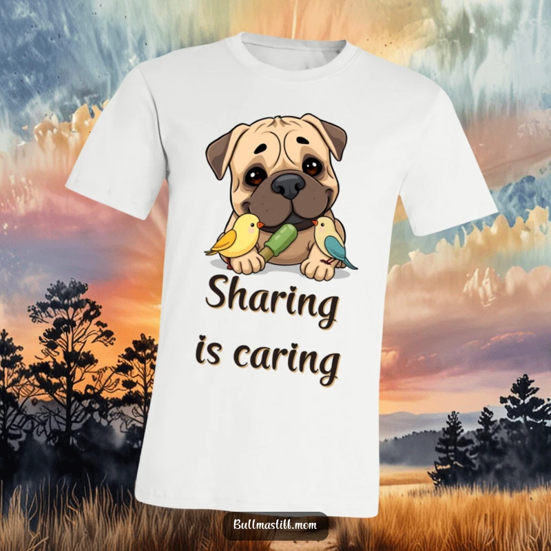 Funny Bullmastiff T-Shirt depicting a gentle Bullmastiff smiling while sharing a chew toy with a tiny bird, celebrating friendship.