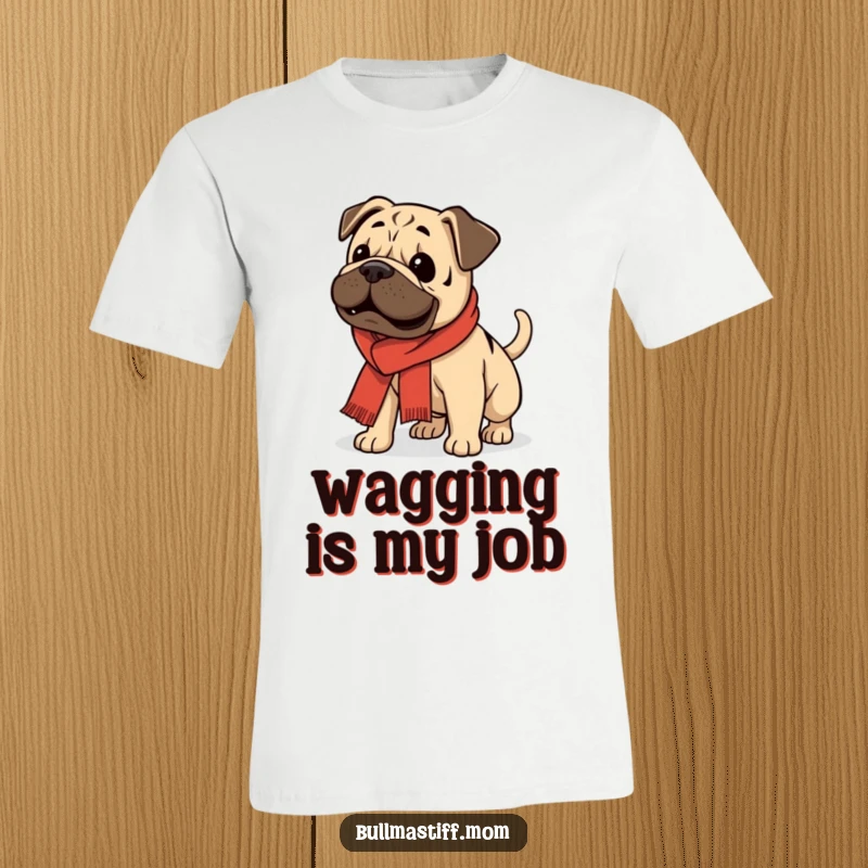 Funny Bullmastiff wearing a scarf, its tail a blur of happy movement, on a vibrant t-shirt.