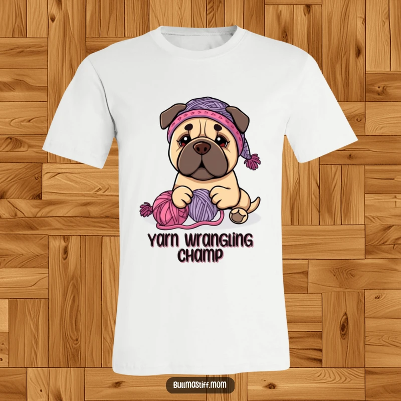 Funny Bullmastiff dog wearing a knit hat, happily playing with yarn, printed on a t-shirt, perfect funny gift.