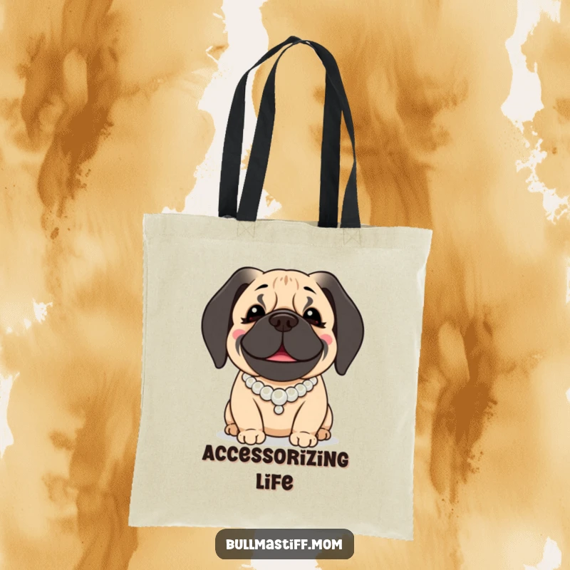 Funny Bullmastiff Tote Bag: A smiling Bullmastiff dog is depicted wearing a beautiful pearl necklace.