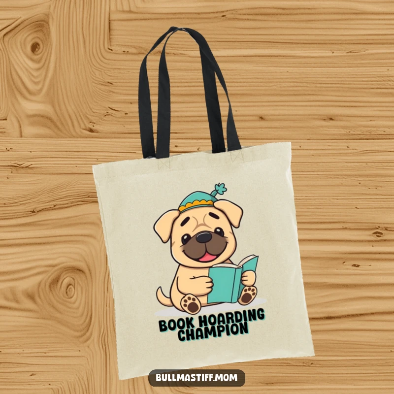 Funny Bookish Bullmastiff Tote Bag: A smiling Bullmastiff wearing a hat enjoys reading, perfect for carrying books with literary style.