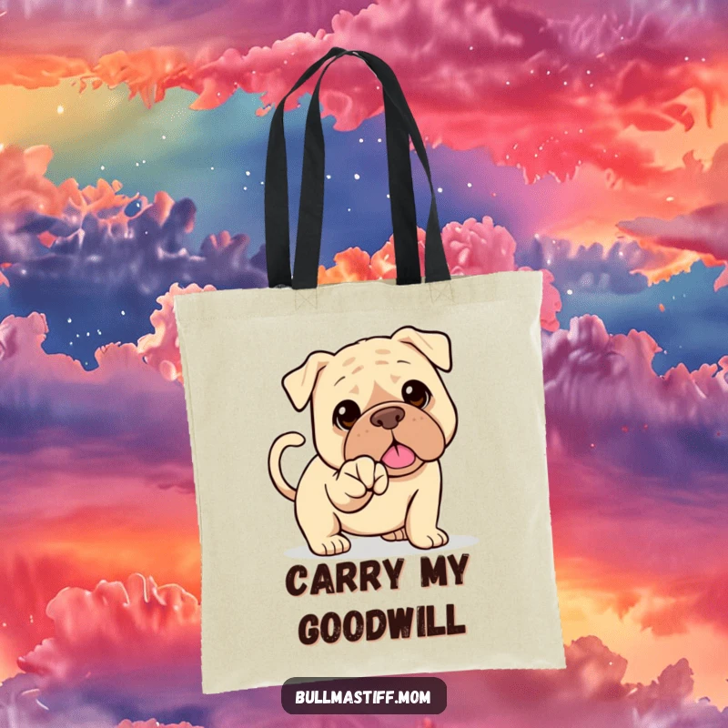 Funny Bullmastiff tote bag showing a happy dog with a wagging tail offering its paw for a handshake. Friendly accessory.